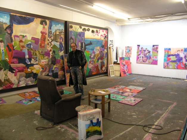 It shows the artist in profile while she is creating one of her works in her studio.