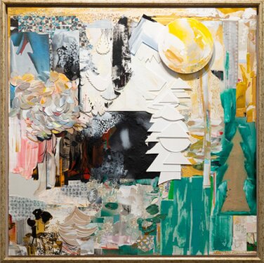 2024-26 - Mixed media: wood pieces, cut cardboard, acrylic, colored pencil on printed cotton paper, framed 90 x 90 cm