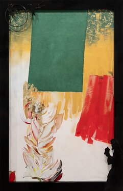 2025/26 - Assembly: painted wooden parts, printed paper, printed cardboard, acrylic on cardboard, frame part of the picture - 171 x 113 cm