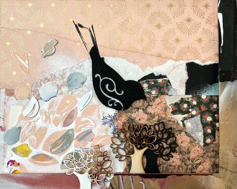 2025 - mixed media, painted wooden parts, cut cardboard, acrylic on printed cotton paper, framed - 22,5 x 28,5 cm