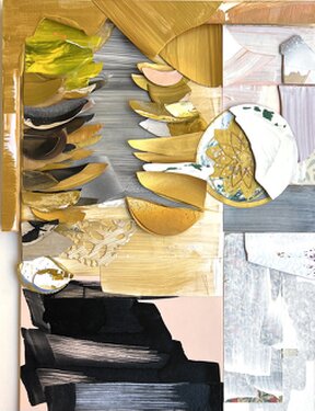2024/25 - painted cut cardboard, processed plastic and wooden parts on hardboard, framed - 42 x 30 cm