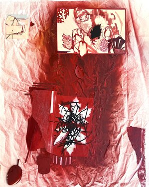 2024 - colored and felt-tip pen on colored tissue paper, cut cardboard, wooden parts, acrylic on paper - 50 x 40 cm